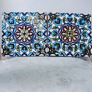 Cedolesa Made In Spain 2 Ceramic Tiles Hand-painted Geometric Mid 20th Century 8